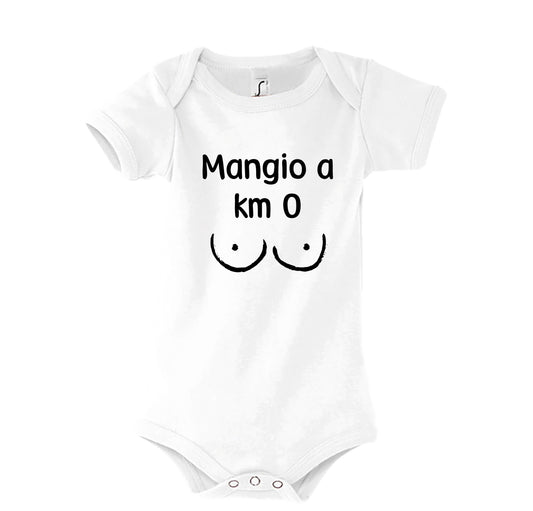 Body neonato ironico “Mangio a km 0” – Idea regalo allattamento divertente