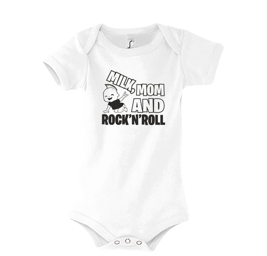 Body neonato rock divertente “Milk, Mum and Rock’n’Roll” – Idea regalo baby ribelle