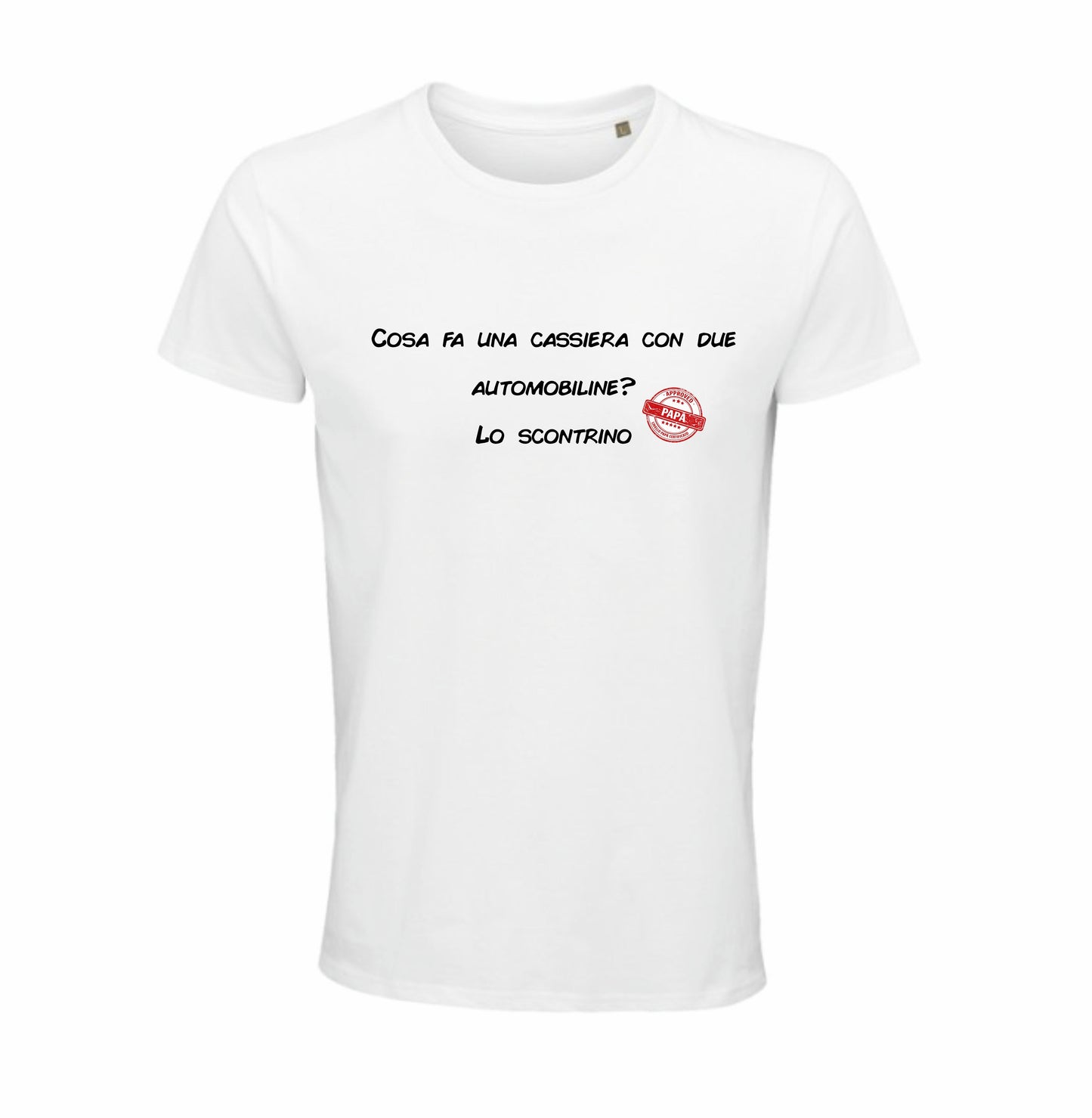 Maglietta "Cosa fa una cassiera con due automobiline? Lo scontrino"